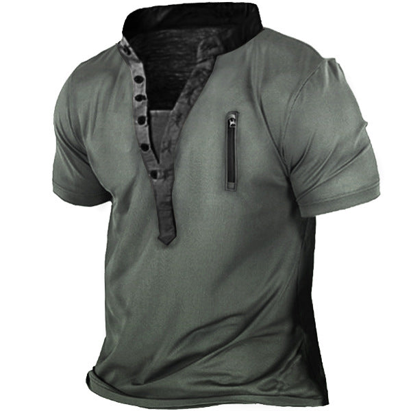 Herren Outdoor Zip Retro Print Tactical Henley Kurzarm T-Shirt | 18CR