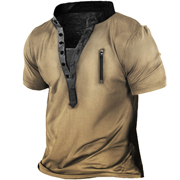 Herren Outdoor Zip Retro Print Tactical Henley Kurzarm T-Shirt | 18CR