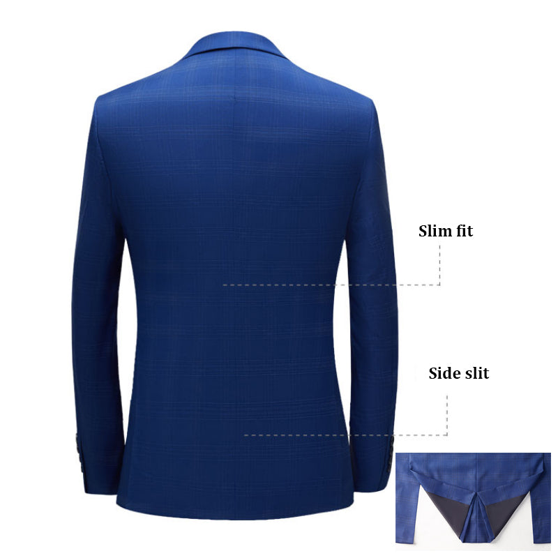 3-teiliger Herrenanzug Slim Fit, karierter Smoking, dunkelblau, Business-Hochzeitskleid, klassisches Herren-Anzug, Jacke, Hose, Weste | 9812-59