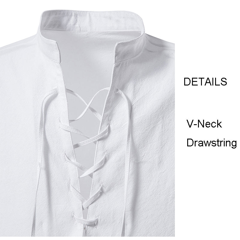 Herren V-Ausschnitt Kordelzug Baumwolle Leinen Henley Shirt Langarm Hippie Casual Beach T Shirts | A275