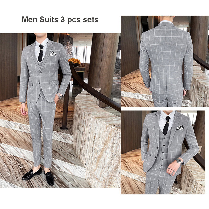 3-teiliger Slim Fit-Anzug für Herren mit Karomuster, formeller Business-Smoking, Blazer + Weste + Hose | 812