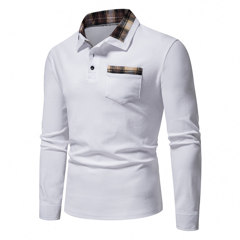Lässiges Herren-Poloshirt mit Langarm und Karokragen und Taschen | D81