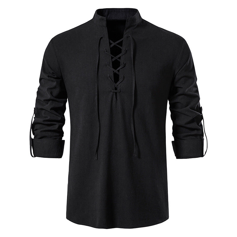 Herren V-Ausschnitt Kordelzug Baumwolle Leinen Henley Shirt Langarm Hippie Casual Beach T Shirts | A275