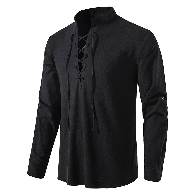 Herren V-Ausschnitt Kordelzug Baumwolle Leinen Henley Shirt Langarm Hippie Casual Beach T Shirts | A275