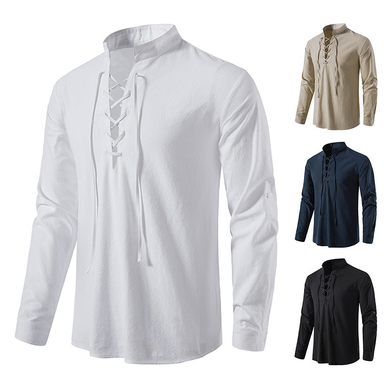 Herren V-Ausschnitt Kordelzug Baumwolle Leinen Henley Shirt Langarm Hippie Casual Beach T Shirts | A275