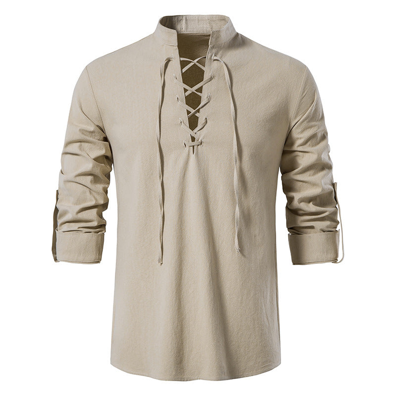 Herren V-Ausschnitt Kordelzug Baumwolle Leinen Henley Shirt Langarm Hippie Casual Beach T Shirts | A275