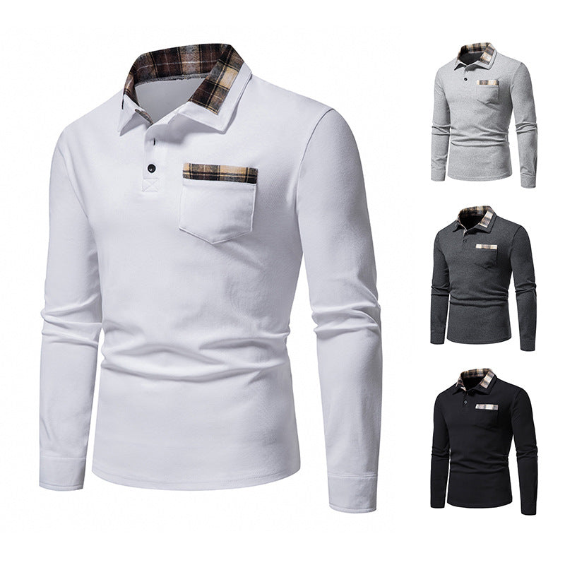 Lässiges Herren-Poloshirt mit Langarm und Karokragen und Taschen | D81