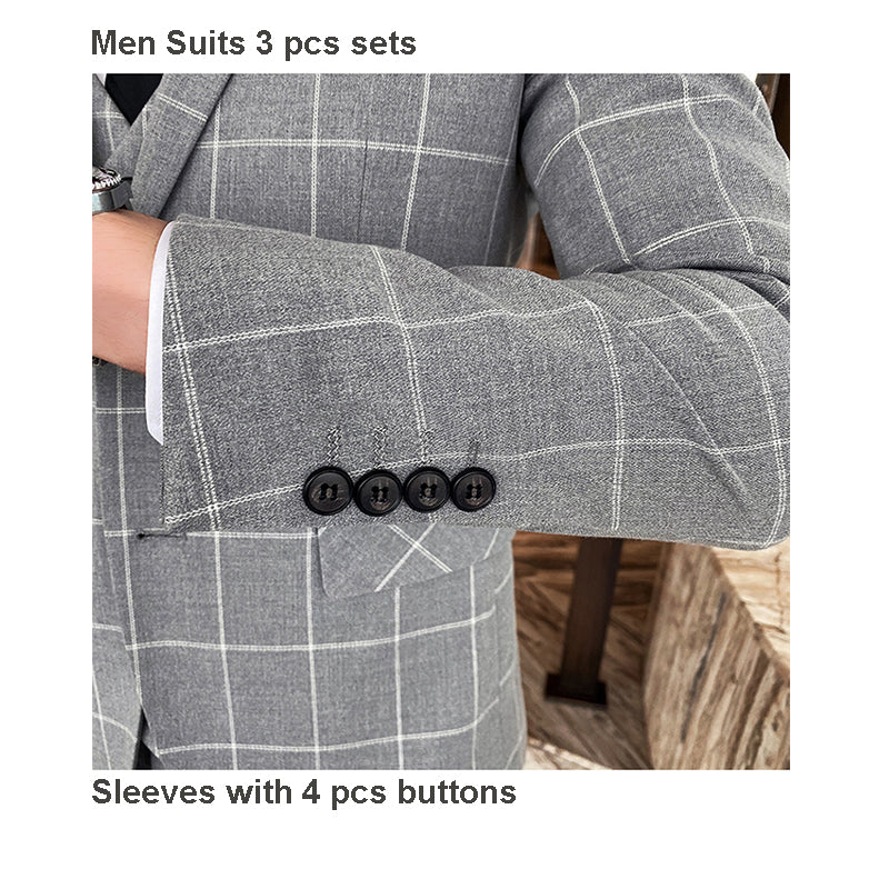 3-teiliger Slim Fit-Anzug für Herren mit Karomuster, formeller Business-Smoking, Blazer + Weste + Hose | 812