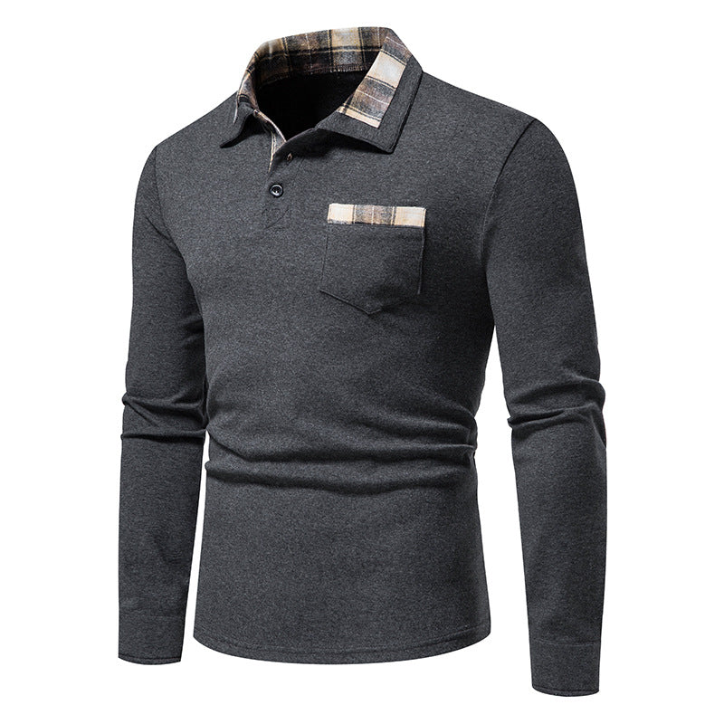 Lässiges Herren-Poloshirt mit Langarm und Karokragen und Taschen | D81