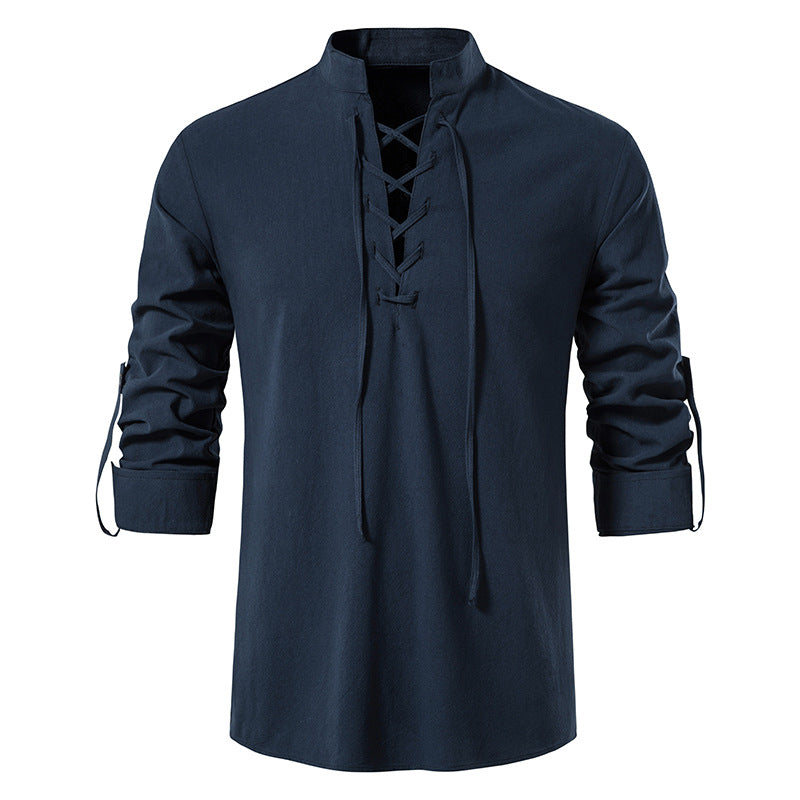 Herren V-Ausschnitt Kordelzug Baumwolle Leinen Henley Shirt Langarm Hippie Casual Beach T Shirts | A275