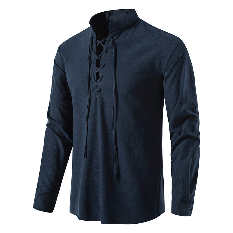 Herren V-Ausschnitt Kordelzug Baumwolle Leinen Henley Shirt Langarm Hippie Casual Beach T Shirts | A275