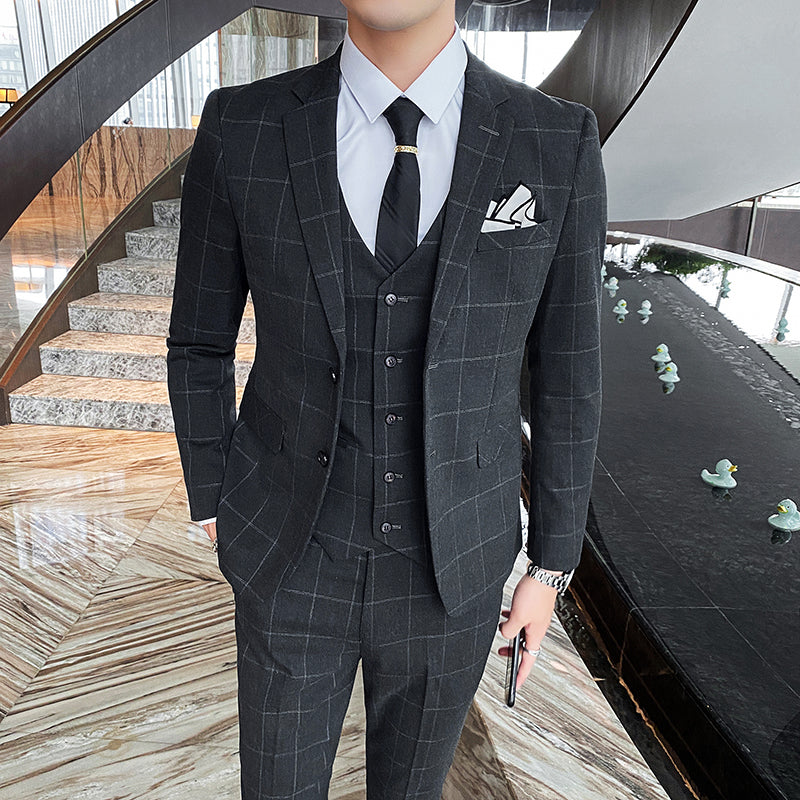 3-teiliger Slim Fit-Anzug für Herren mit Karomuster, formeller Business-Smoking, Blazer + Weste + Hose | 812
