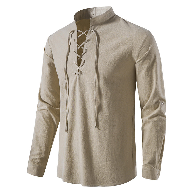 Herren V-Ausschnitt Kordelzug Baumwolle Leinen Henley Shirt Langarm Hippie Casual Beach T Shirts | A275