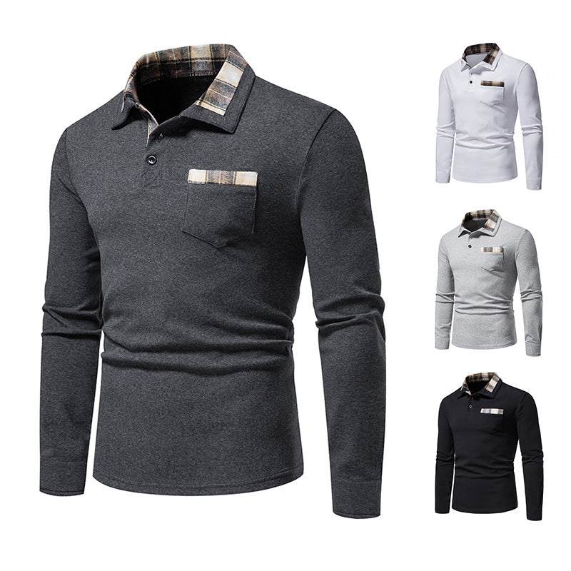 Lässiges Herren-Poloshirt mit Langarm und Karokragen und Taschen | D81