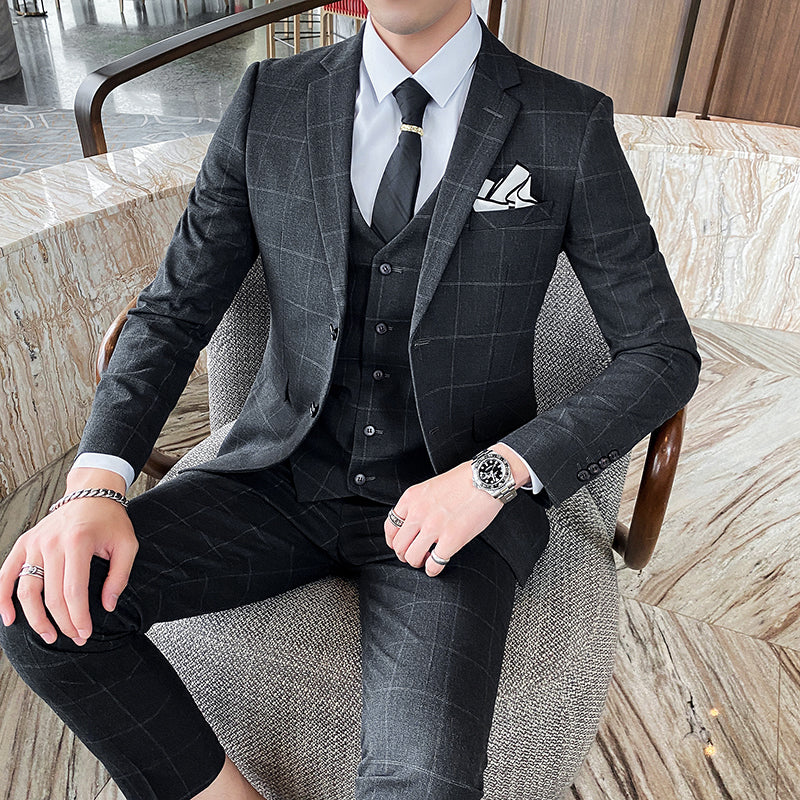 3-teiliger Slim Fit-Anzug für Herren mit Karomuster, formeller Business-Smoking, Blazer + Weste + Hose | 812