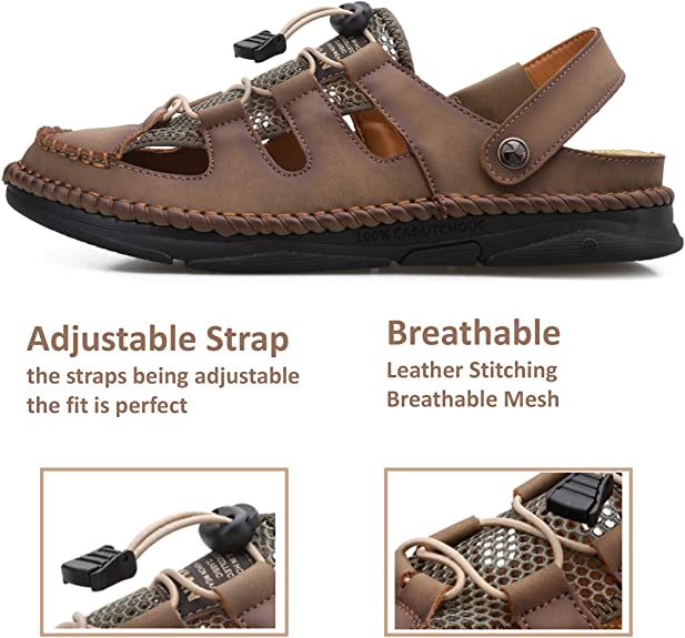 Herren-Sandalen aus Leder mit geschlossener Zehenpartie, sportlicher Riemen, verstellbar, 7060
