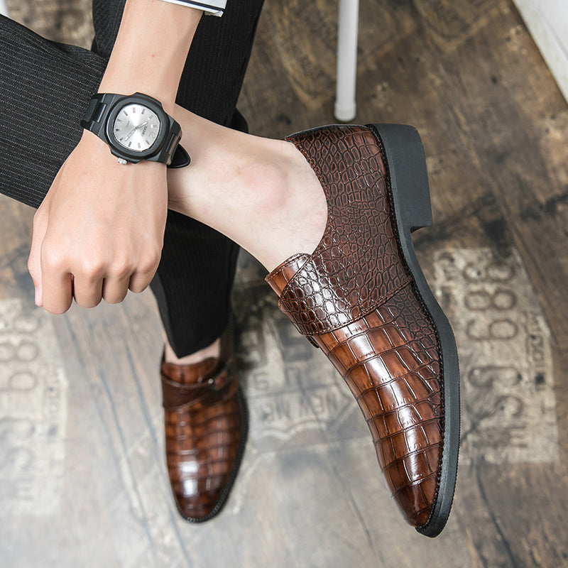 Herren Monk-Abendschuhe mit Krokoprägung und spitzer Zehenpartie | 8728