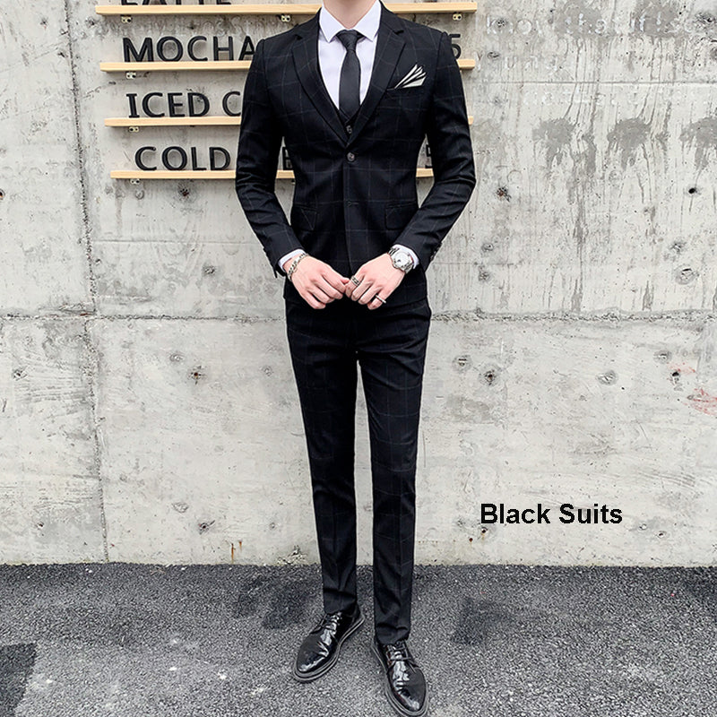 3-teiliger Slim Fit-Anzug für Herren mit Karomuster, formeller Business-Smoking, Blazer + Weste + Hose | 812
