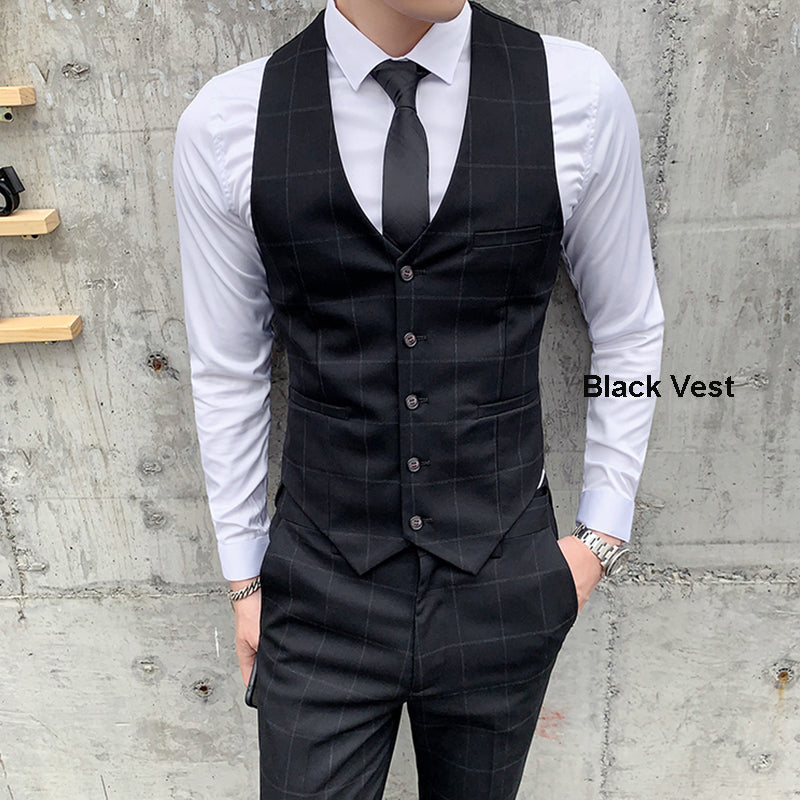 3-teiliger Slim Fit-Anzug für Herren mit Karomuster, formeller Business-Smoking, Blazer + Weste + Hose | 812