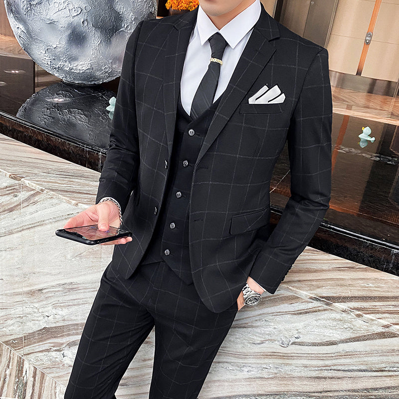 3-teiliger Slim Fit-Anzug für Herren mit Karomuster, formeller Business-Smoking, Blazer + Weste + Hose | 812