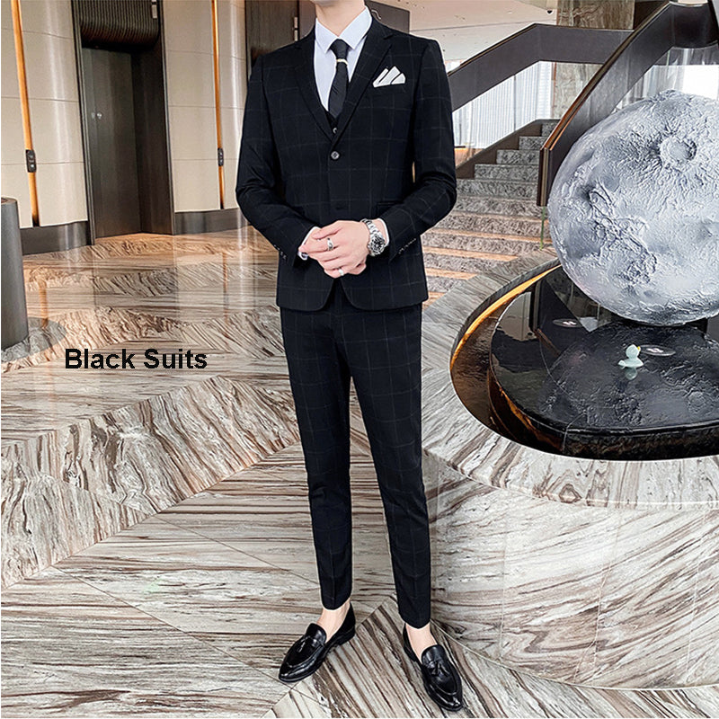 3-teiliger Slim Fit-Anzug für Herren mit Karomuster, formeller Business-Smoking, Blazer + Weste + Hose | 812