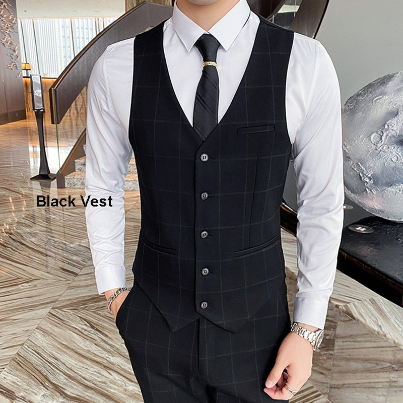 3-teiliger Slim Fit-Anzug für Herren mit Karomuster, formeller Business-Smoking, Blazer + Weste + Hose | 812