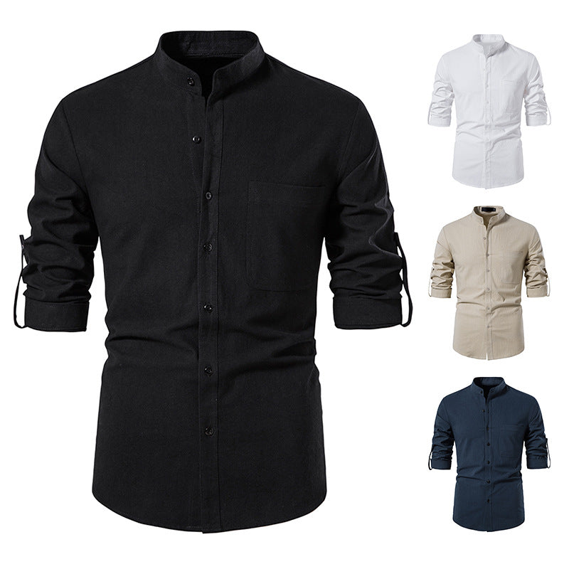 Herrenhemden aus Baumwolle und Leinen, lässig, langärmelig, Button-Up-Hemden, modisches Business-Oberteil mit Tasche | A276