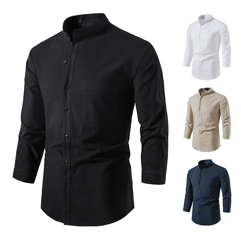 Herrenhemden aus Baumwolle und Leinen, lässig, langärmelig, Button-Up-Hemden, modisches Business-Oberteil mit Tasche | A276