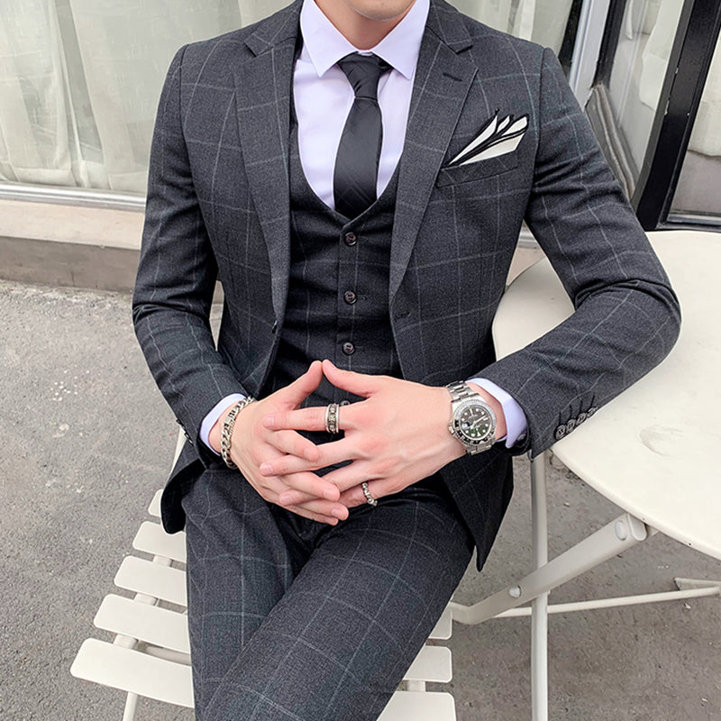 3-teiliger Slim Fit-Anzug für Herren mit Karomuster, formeller Business-Smoking, Blazer + Weste + Hose | 812
