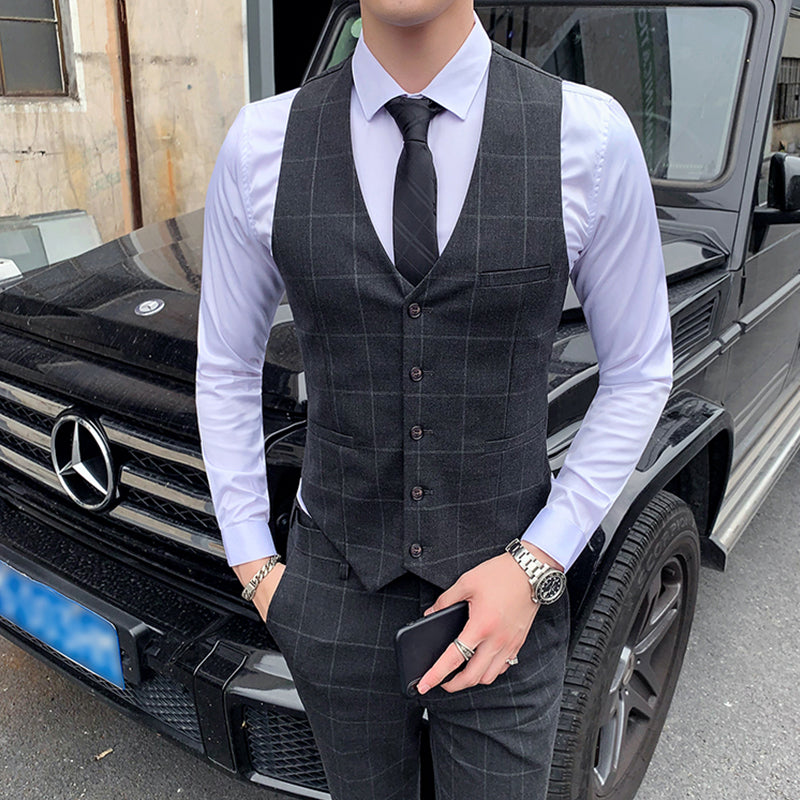 3-teiliger Slim Fit-Anzug für Herren mit Karomuster, formeller Business-Smoking, Blazer + Weste + Hose | 812