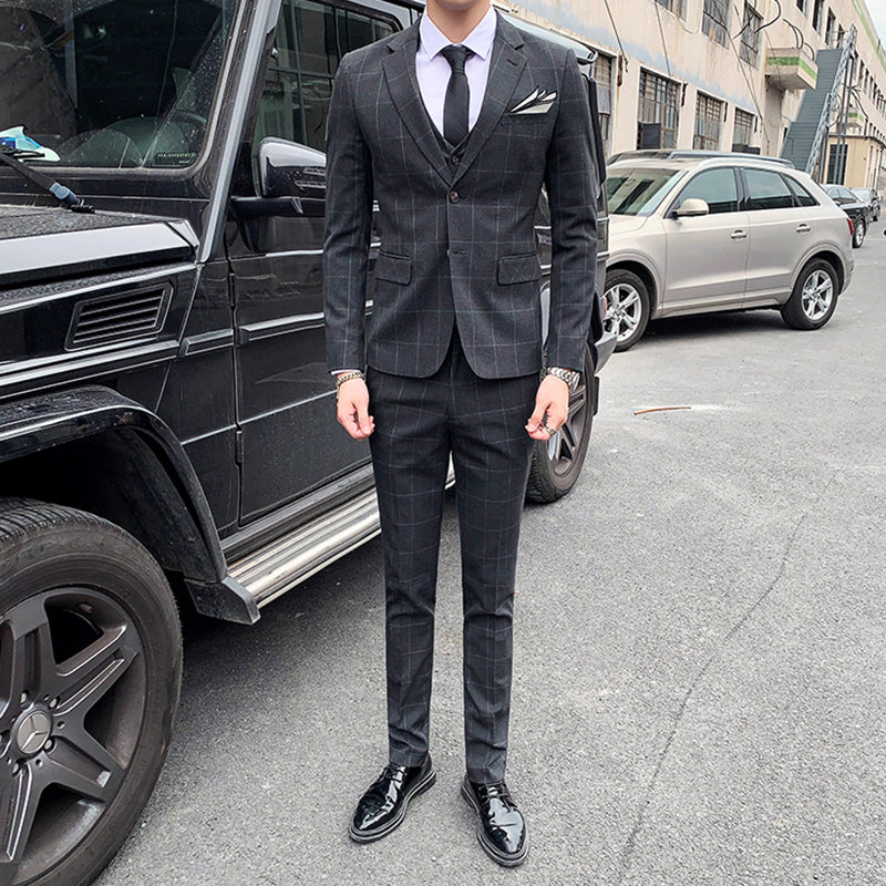 3-teiliger Slim Fit-Anzug für Herren mit Karomuster, formeller Business-Smoking, Blazer + Weste + Hose | 812