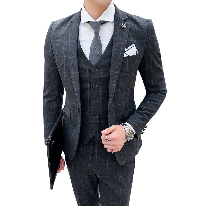 3-teiliger Slim Fit-Anzug für Herren mit Karomuster, formeller Business-Smoking, Blazer + Weste + Hose | 812