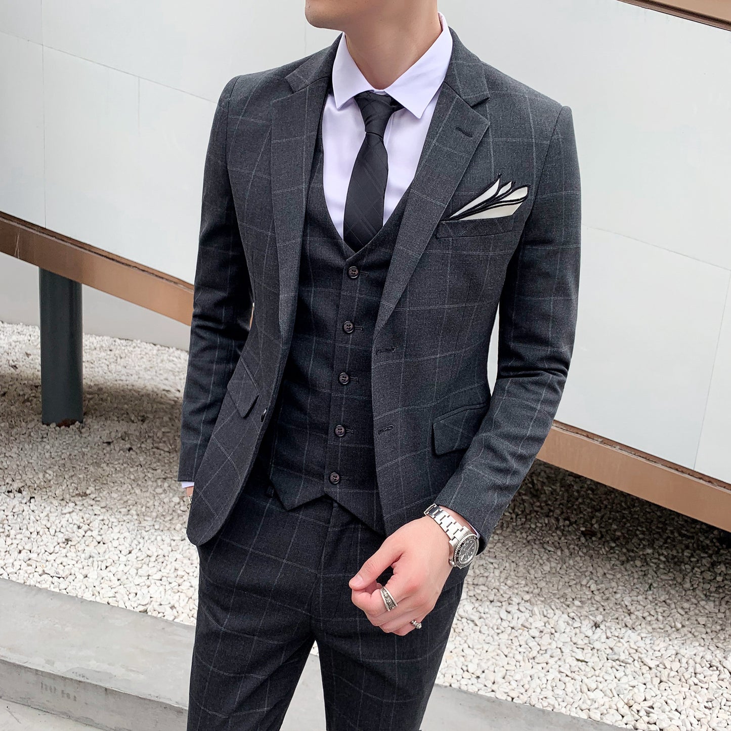 3-teiliger Slim Fit-Anzug für Herren mit Karomuster, formeller Business-Smoking, Blazer + Weste + Hose | 812