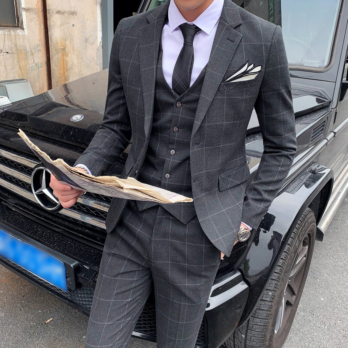 3-teiliger Slim Fit-Anzug für Herren mit Karomuster, formeller Business-Smoking, Blazer + Weste + Hose | 812