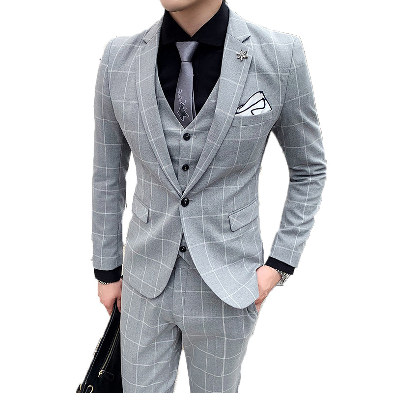 3-teiliger Slim Fit-Anzug für Herren mit Karomuster, formeller Business-Smoking, Blazer + Weste + Hose | 812