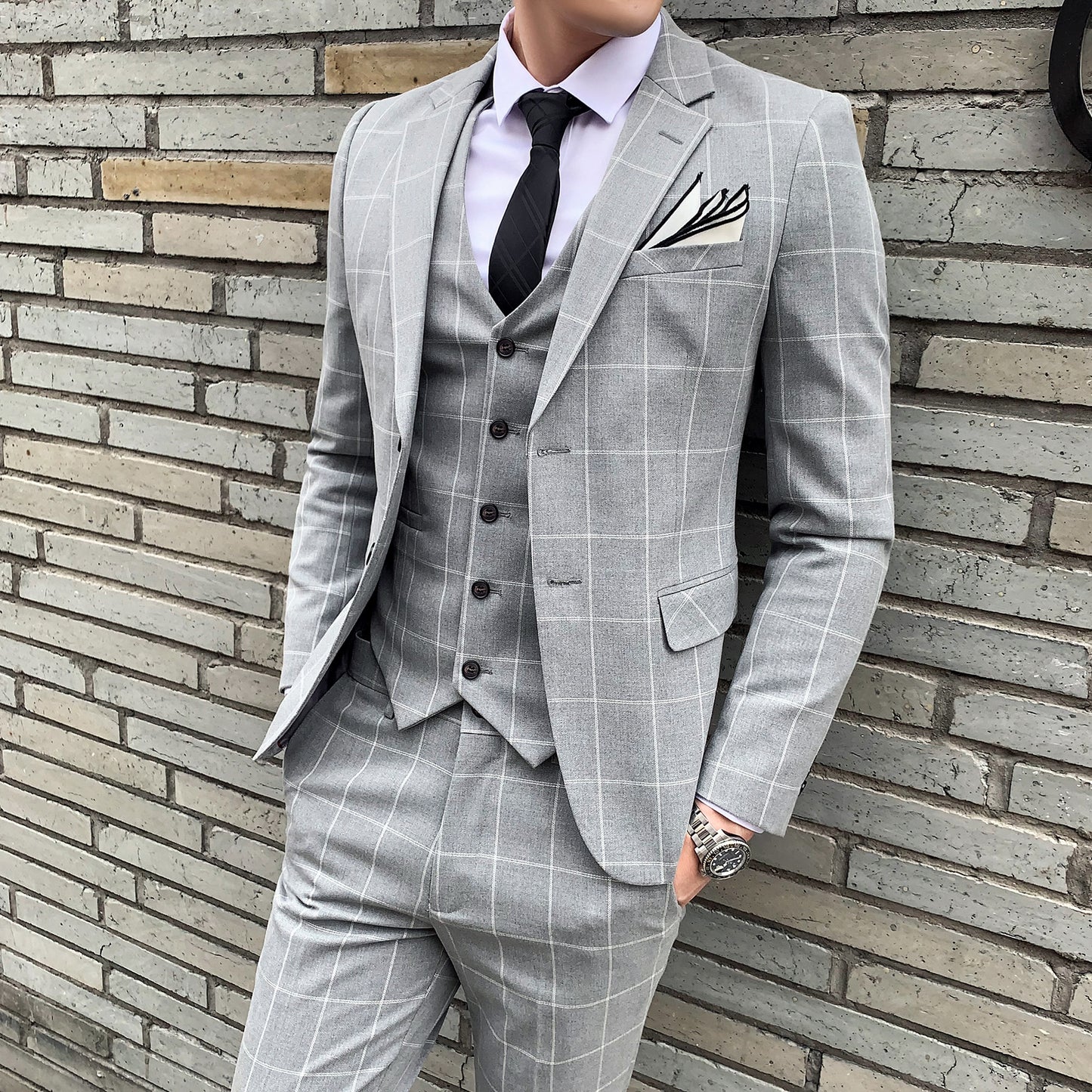 3-teiliger Slim Fit-Anzug für Herren mit Karomuster, formeller Business-Smoking, Blazer + Weste + Hose | 812
