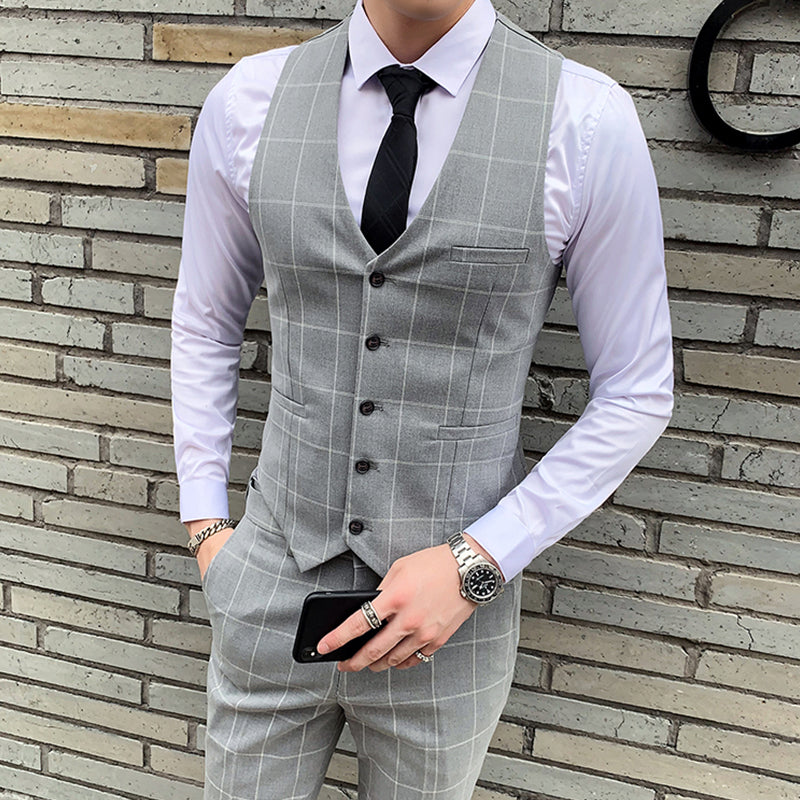 3-teiliger Slim Fit-Anzug für Herren mit Karomuster, formeller Business-Smoking, Blazer + Weste + Hose | 812