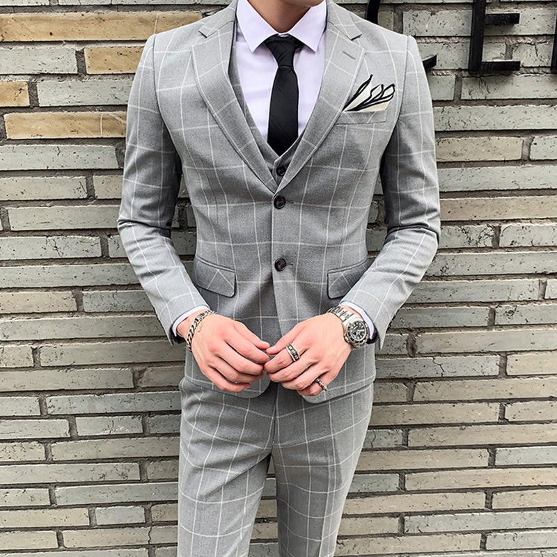 3-teiliger Slim Fit-Anzug für Herren mit Karomuster, formeller Business-Smoking, Blazer + Weste + Hose | 812