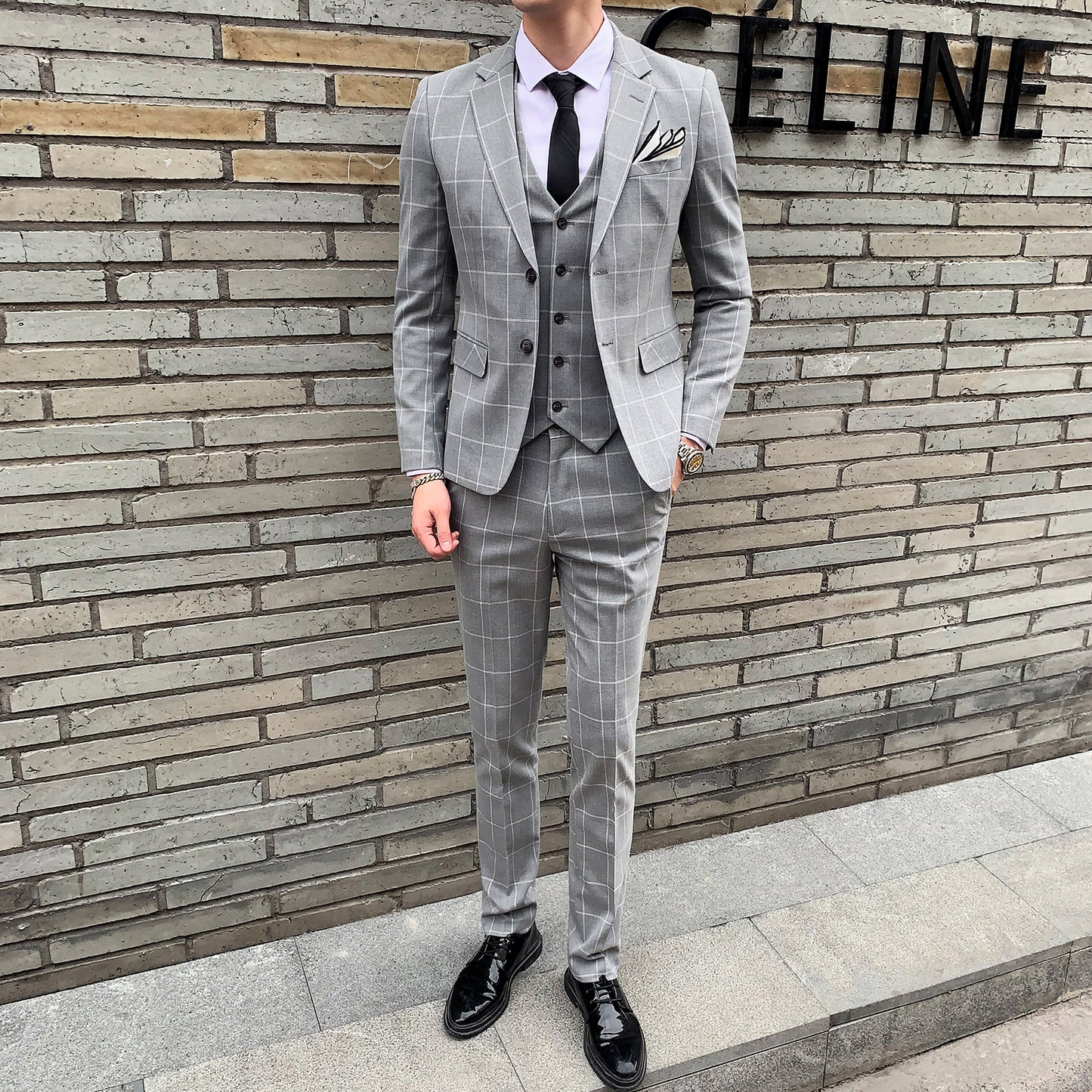 3-teiliger Slim Fit-Anzug für Herren mit Karomuster, formeller Business-Smoking, Blazer + Weste + Hose | 812