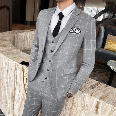 3-teiliger Slim Fit-Anzug für Herren mit Karomuster, formeller Business-Smoking, Blazer + Weste + Hose | 812