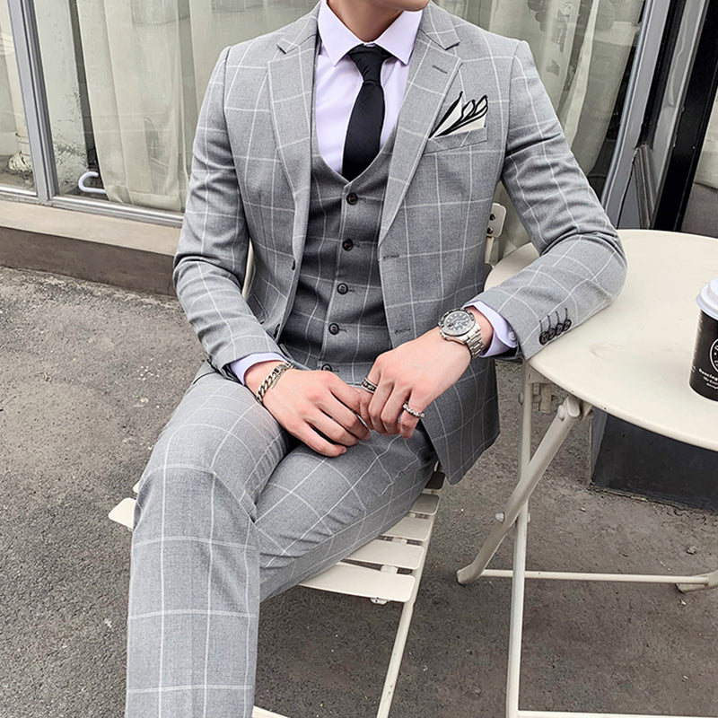 3-teiliger Slim Fit-Anzug für Herren mit Karomuster, formeller Business-Smoking, Blazer + Weste + Hose | 812