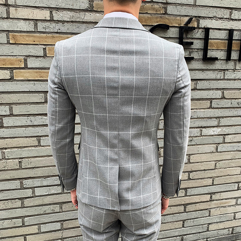 3-teiliger Slim Fit-Anzug für Herren mit Karomuster, formeller Business-Smoking, Blazer + Weste + Hose | 812