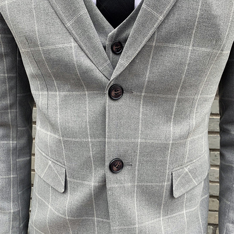 3-teiliger Slim Fit-Anzug für Herren mit Karomuster, formeller Business-Smoking, Blazer + Weste + Hose | 812