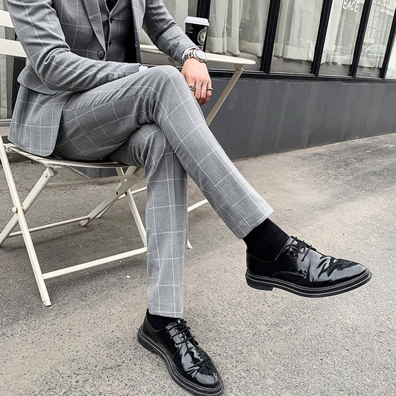 3-teiliger Slim Fit-Anzug für Herren mit Karomuster, formeller Business-Smoking, Blazer + Weste + Hose | 812
