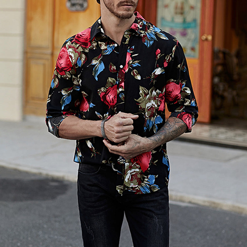 Schwarzes Herren-Langarmhemd mit Blumendruck, Hawaii-Button-Down-Hemd | MC255372-22