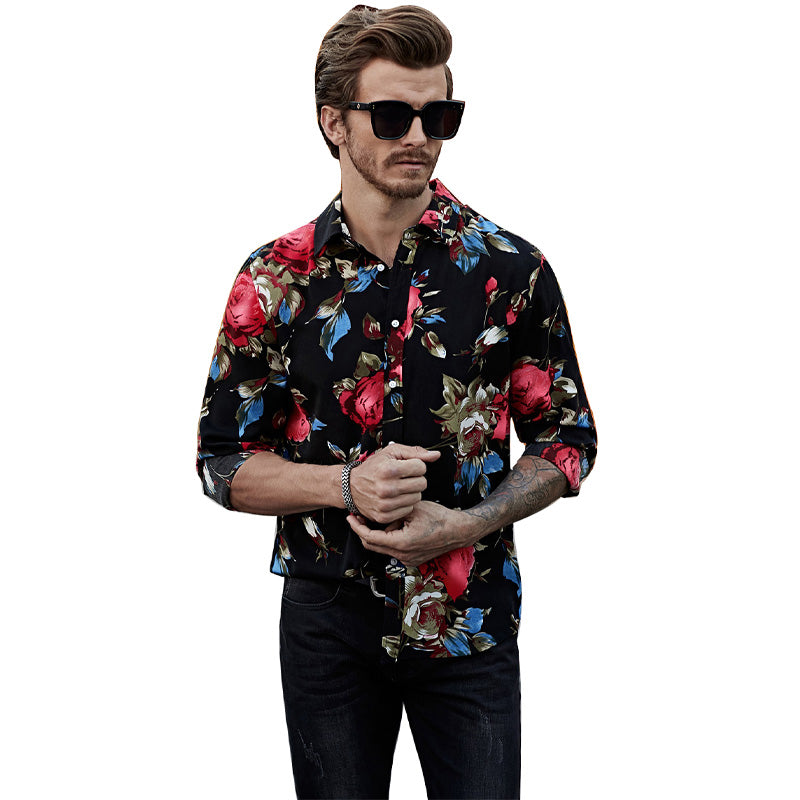 Schwarzes Herren-Langarmhemd mit Blumendruck, Hawaii-Button-Down-Hemd | MC255372-22