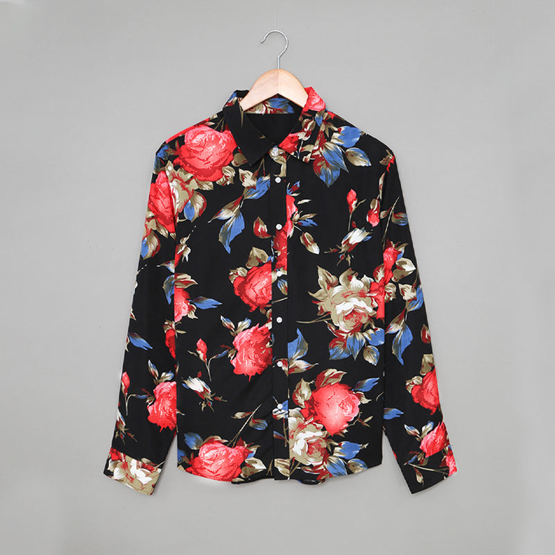 Schwarzes Herren-Langarmhemd mit Blumendruck, Hawaii-Button-Down-Hemd | MC255372-22