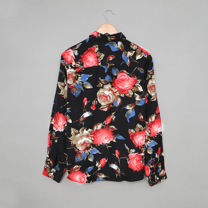 Schwarzes Herren-Langarmhemd mit Blumendruck, Hawaii-Button-Down-Hemd | MC255372-22