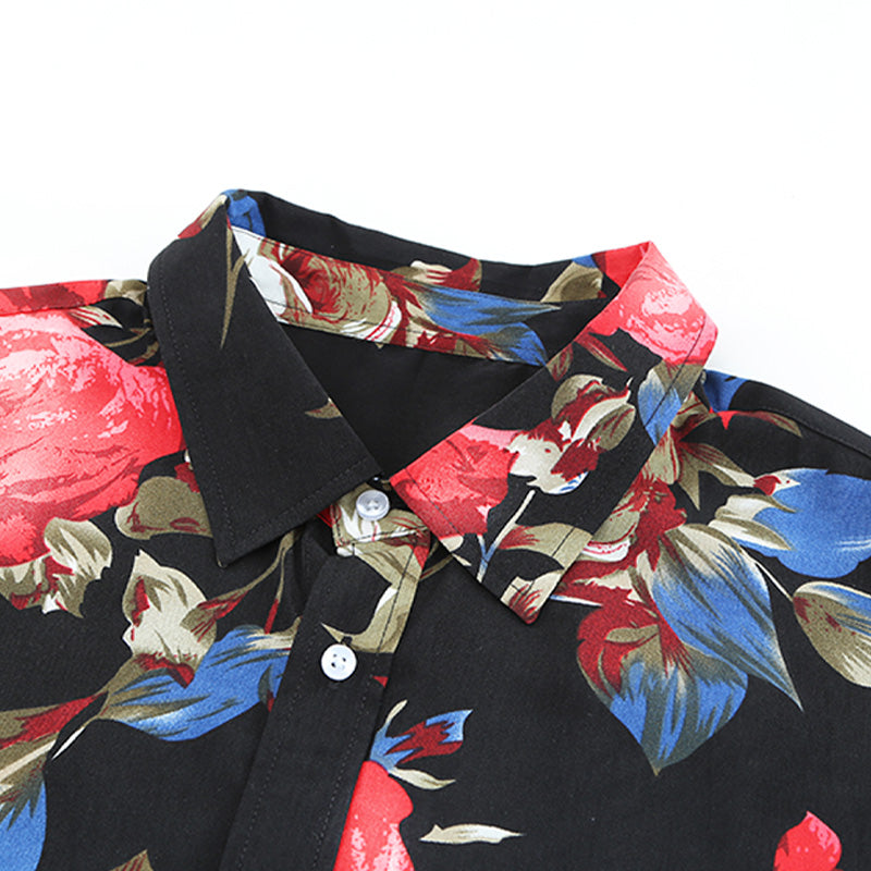 Schwarzes Herren-Langarmhemd mit Blumendruck, Hawaii-Button-Down-Hemd | MC255372-22