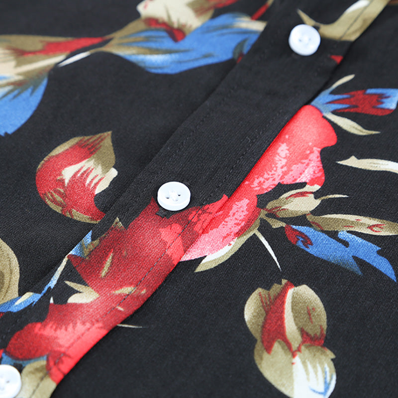 Schwarzes Herren-Langarmhemd mit Blumendruck, Hawaii-Button-Down-Hemd | MC255372-22
